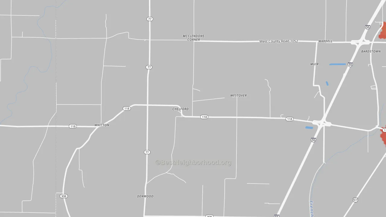 Walk Grade map of Chelford, AR, walkable areas in green and car-dependent areas in red