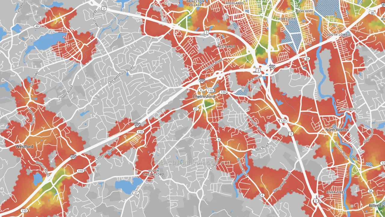 Walk Grade map of Chelmsford, MA, walkable areas in green and car-dependent areas in red