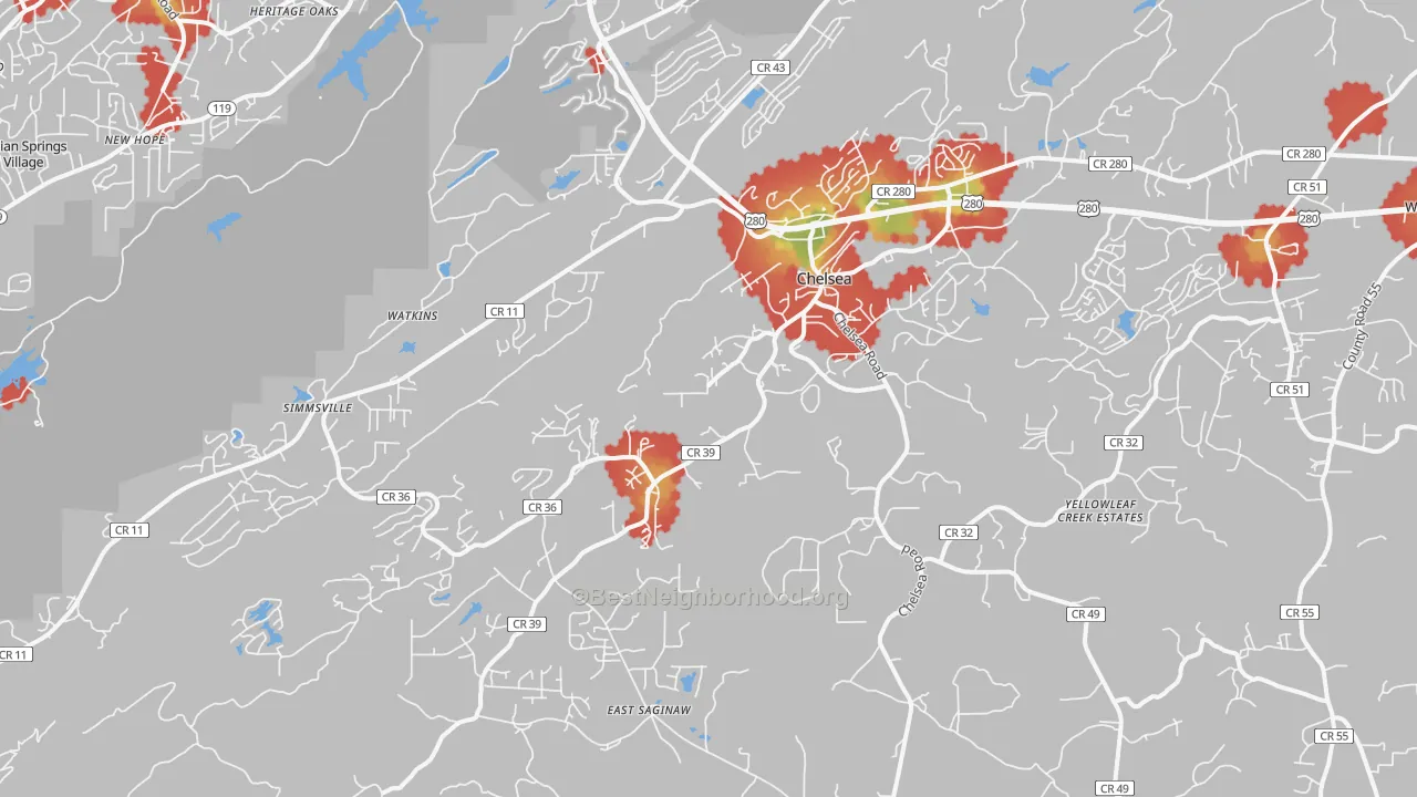 Walk Grade map of Chelsea, AL, walkable areas in green and car-dependent areas in red