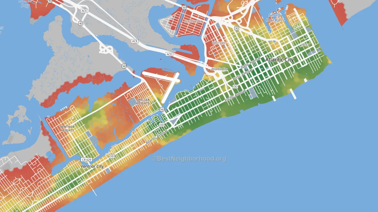 Walk Grade map of Chelsea, Atlantic City, NJ, walkable areas in green and car-dependent areas in red