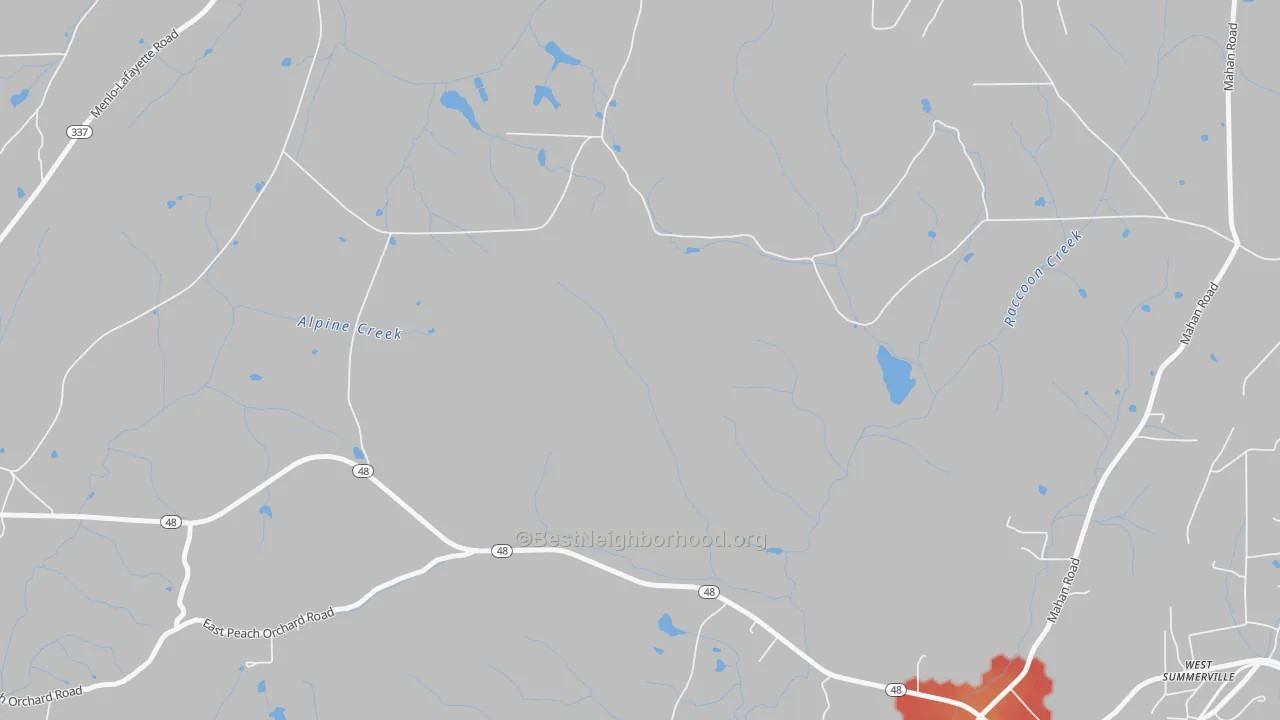 Walk Grade map of Chelsea, GA, walkable areas in green and car-dependent areas in red