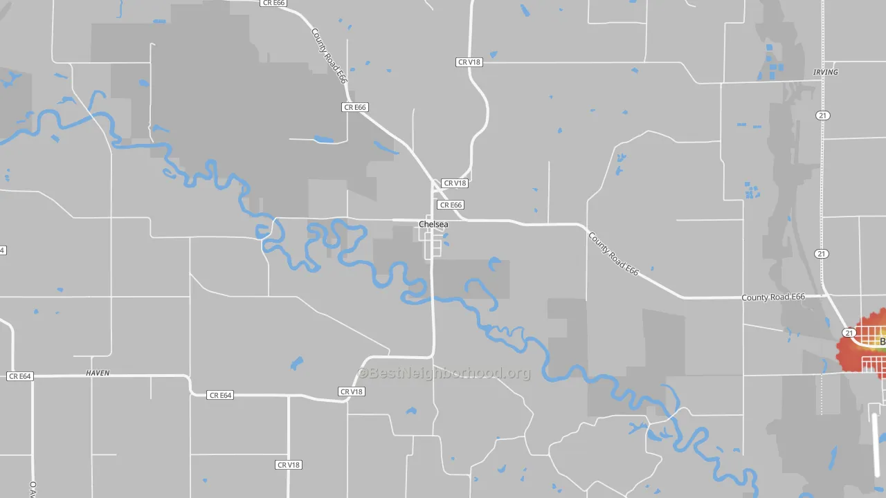 Walk Grade map of Chelsea, IA, walkable areas in green and car-dependent areas in red