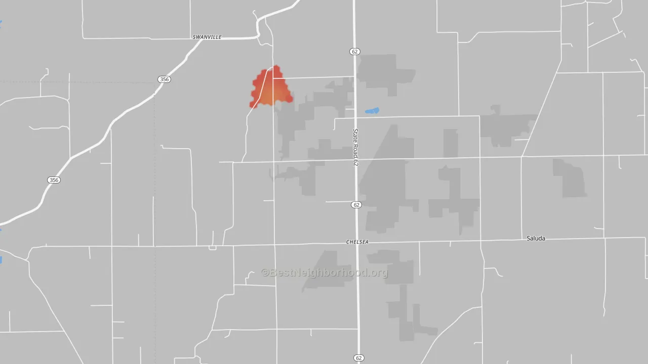 Walk Grade map of Chelsea, IN, walkable areas in green and car-dependent areas in red
