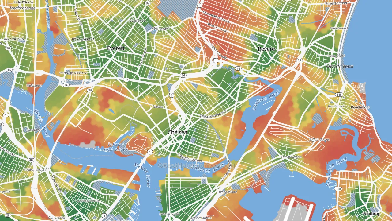 Walk Grade map of Chelsea, MA, walkable areas in green and car-dependent areas in red