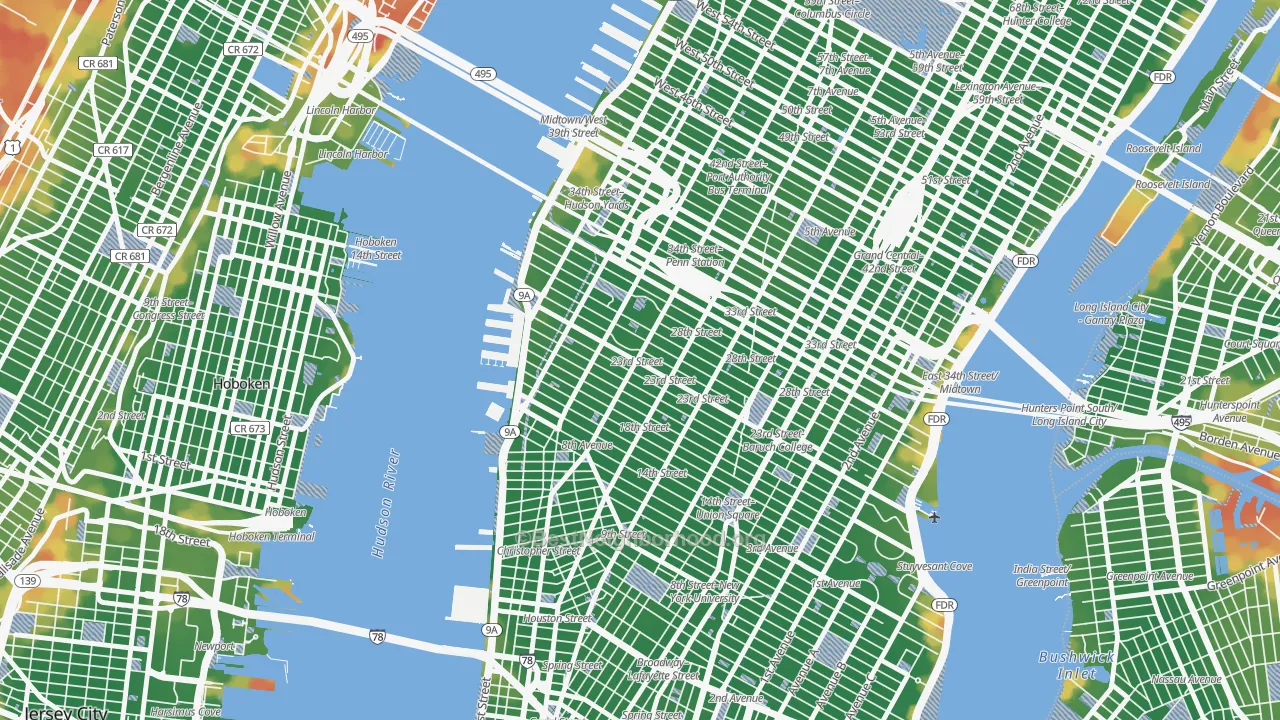 Walk Grade map of Chelsea, Manhattan, NY, walkable areas in green and car-dependent areas in red