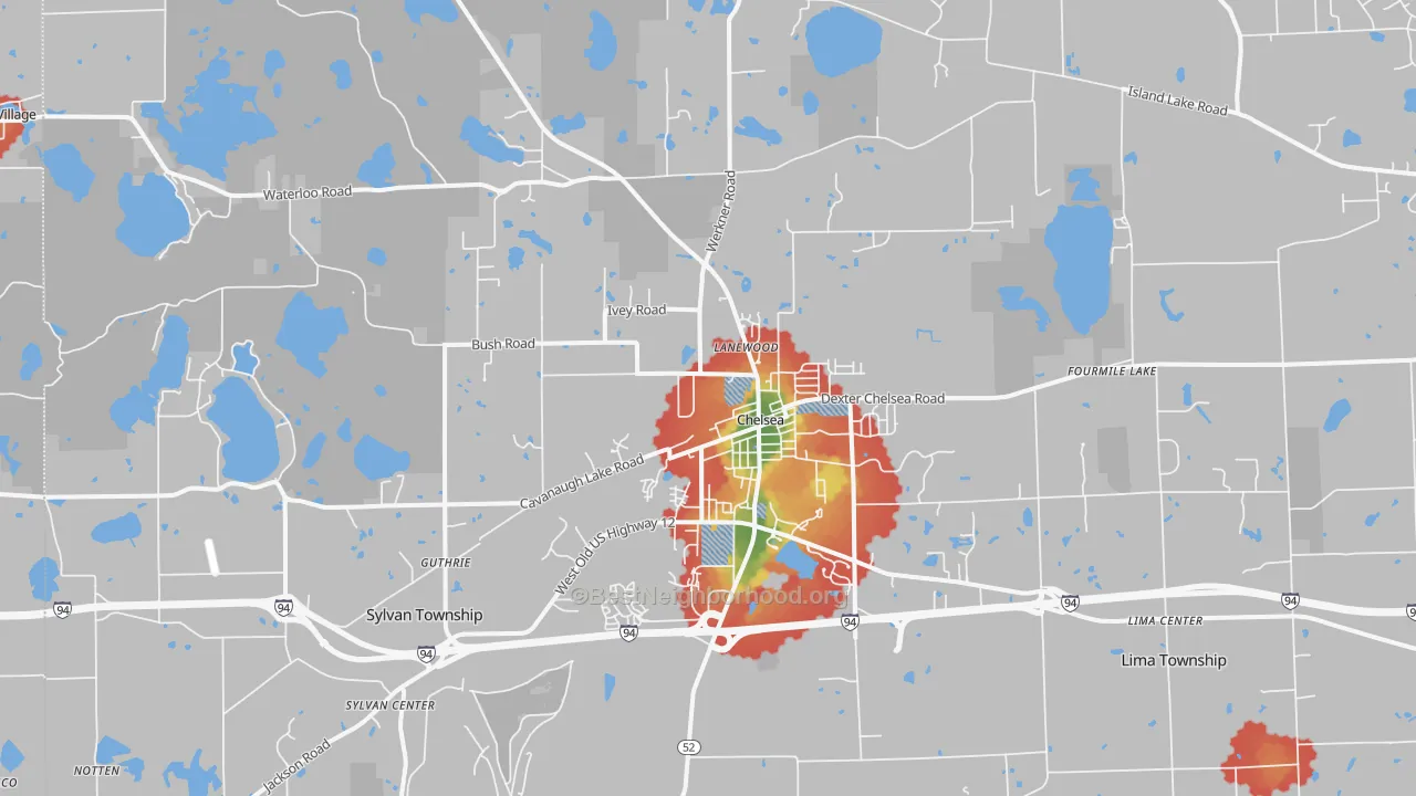 Walk Grade map of Chelsea, MI, walkable areas in green and car-dependent areas in red