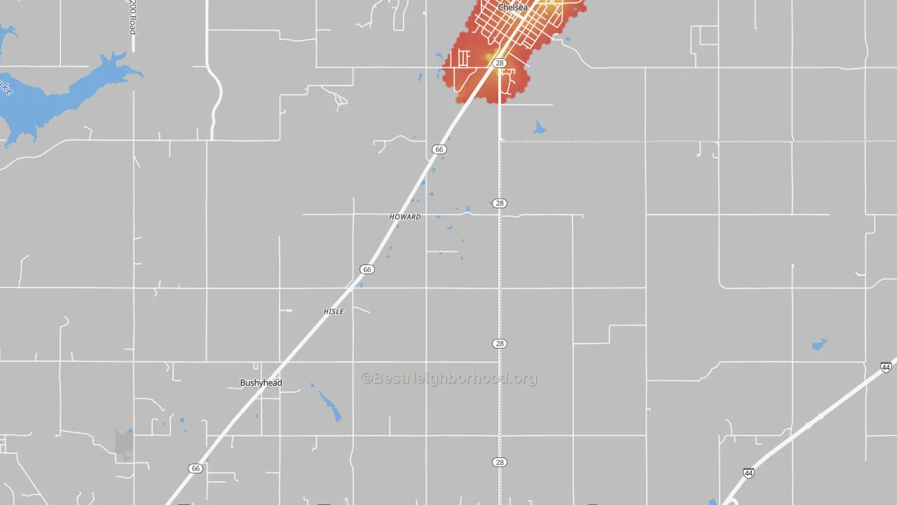 Walk Grade map of Chelsea, OK, walkable areas in green and car-dependent areas in red