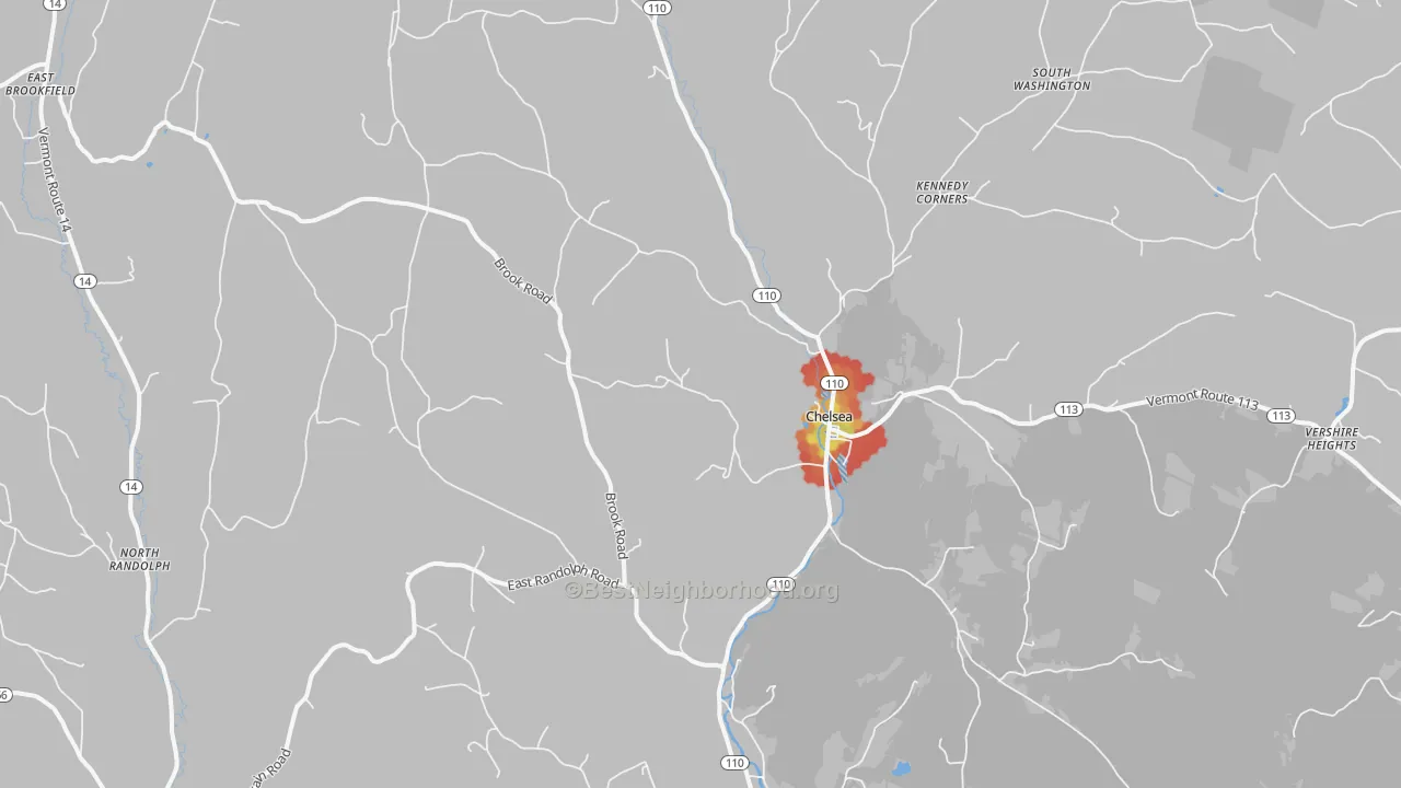 Walk Grade map of Chelsea, VT, walkable areas in green and car-dependent areas in red