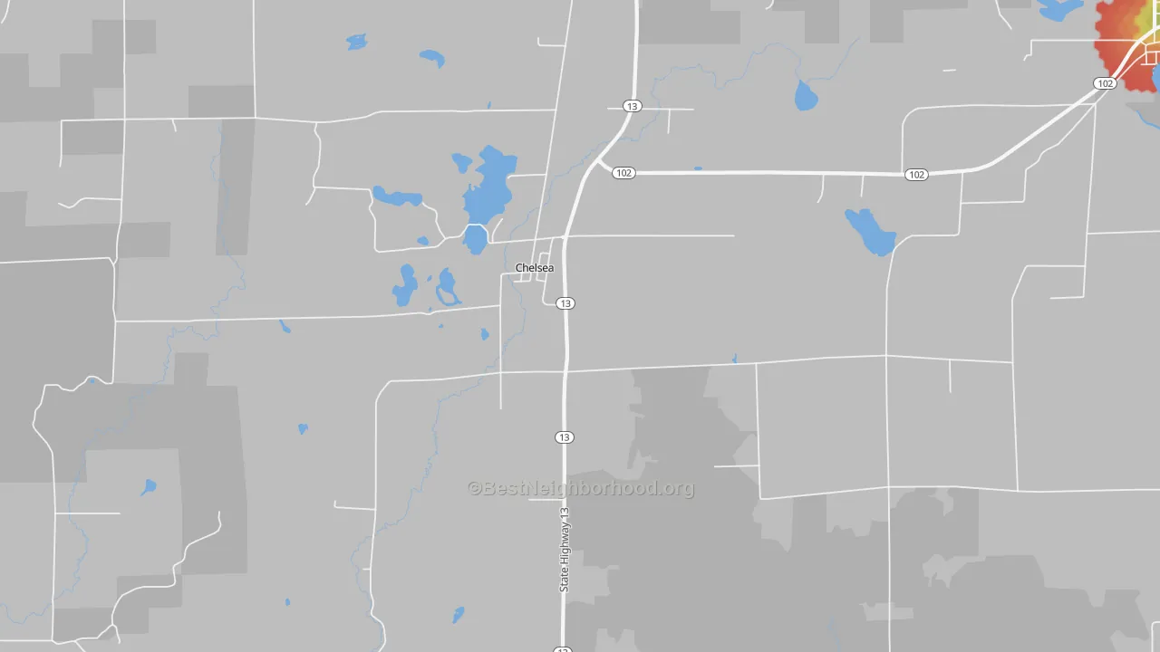 Walk Grade map of Chelsea, WI, walkable areas in green and car-dependent areas in red