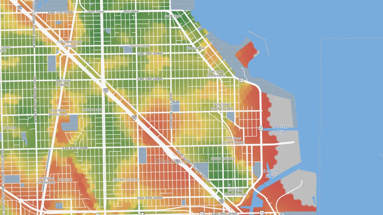 Walk Grade map of Cheltenham, Chicago, IL, walkable areas in green and car-dependent areas in red