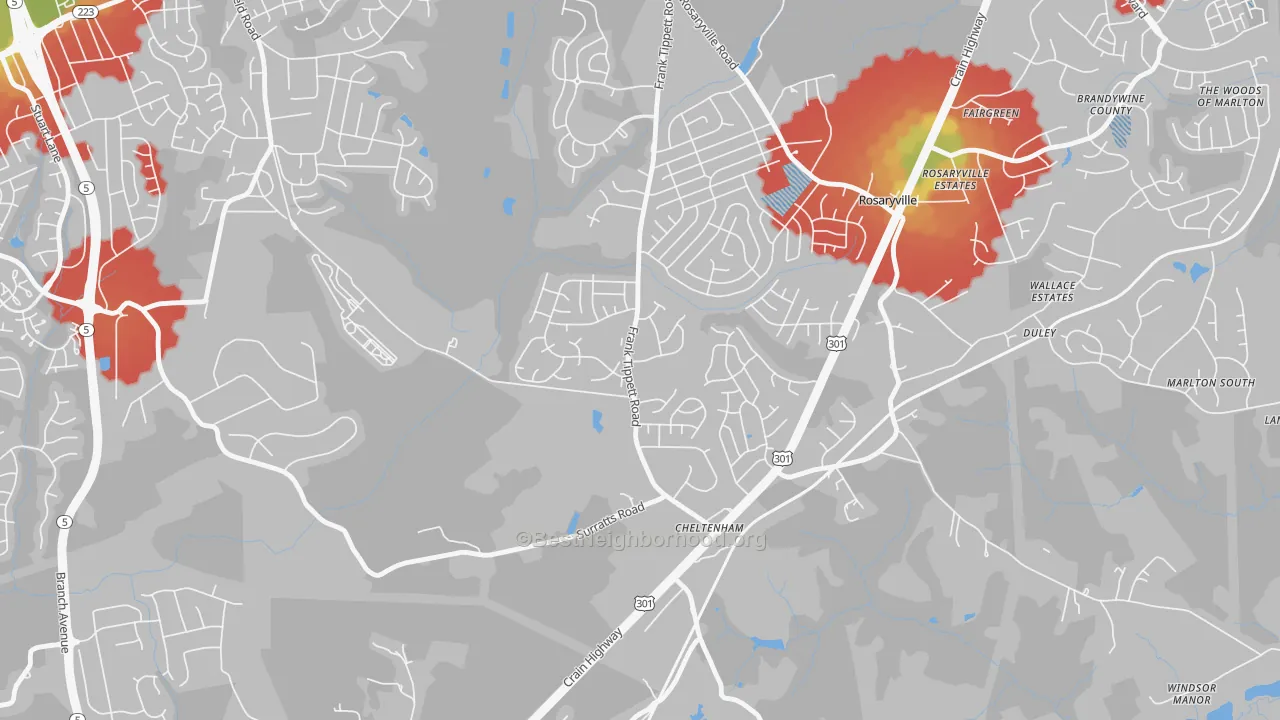 Walk Grade map of Cheltenham, MD, walkable areas in green and car-dependent areas in red