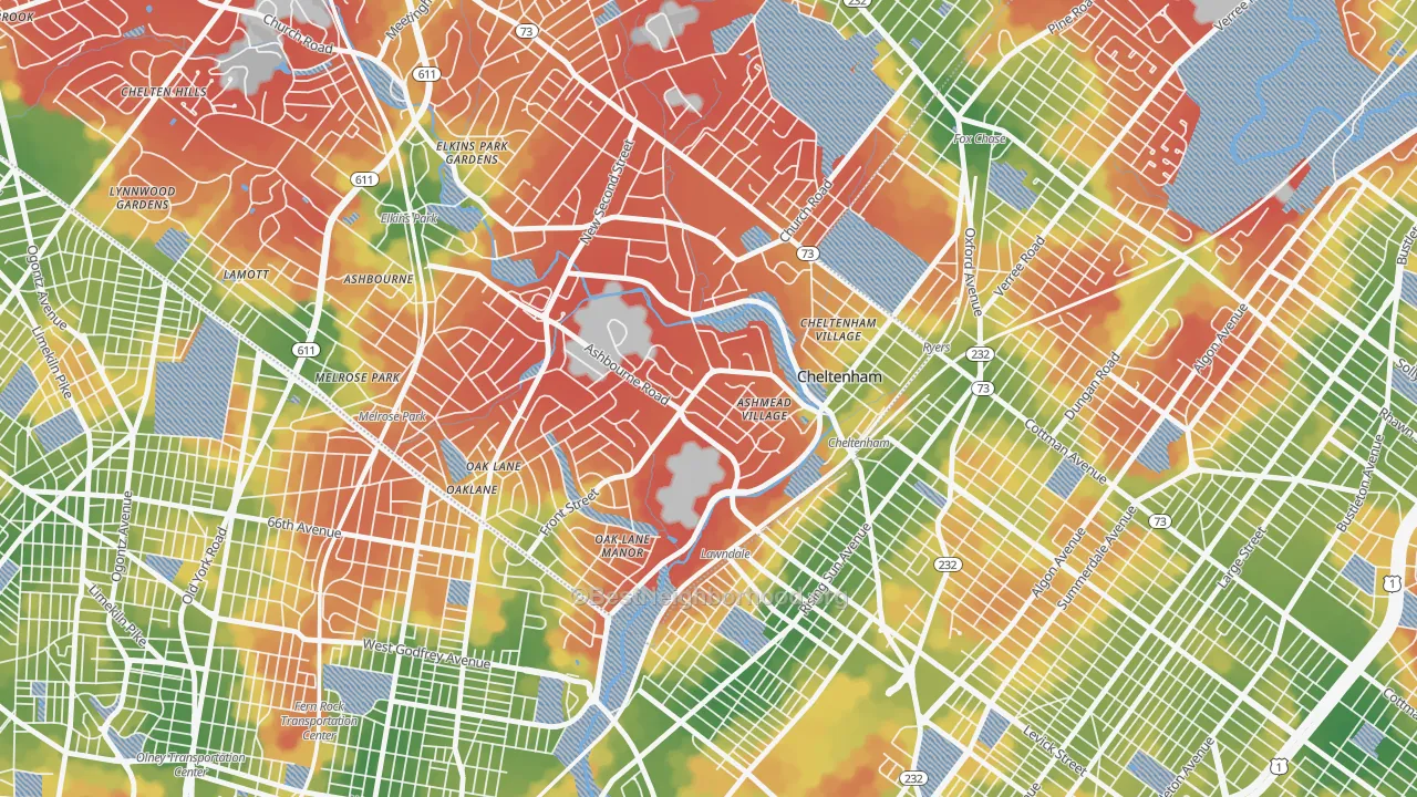 Walk Grade map of Cheltenham, PA, walkable areas in green and car-dependent areas in red