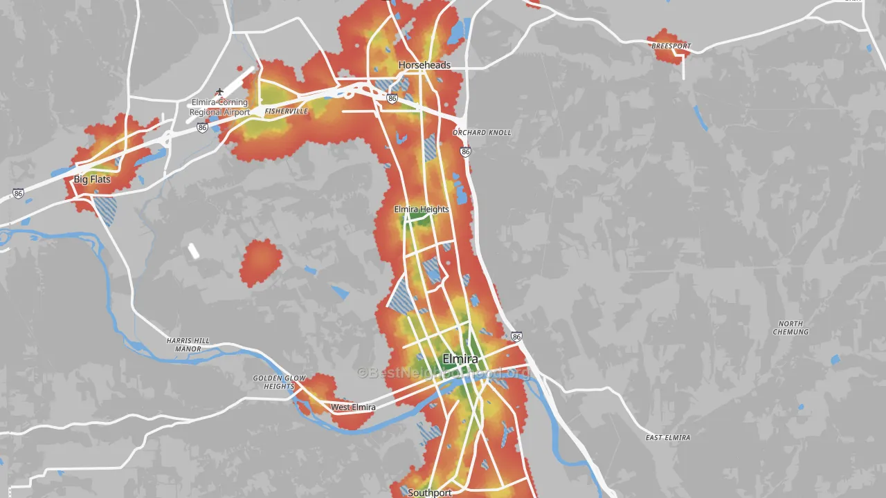 Walk Grade map of Chemung County, NY, walkable areas in green and car-dependent areas in red