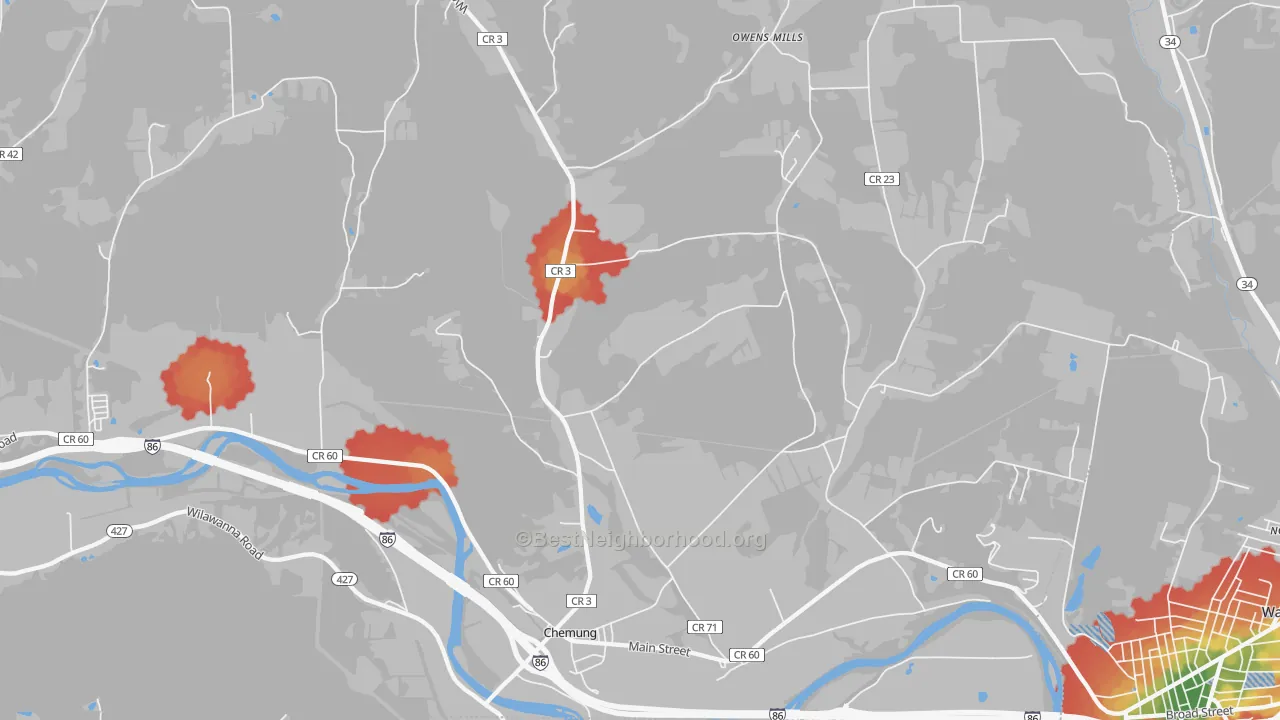 Walk Grade map of Chemung, NY, walkable areas in green and car-dependent areas in red