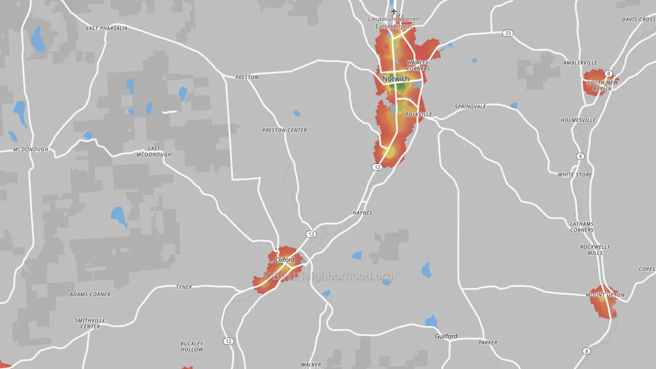 Walk Grade map of Chenango County, NY, walkable areas in green and car-dependent areas in red
