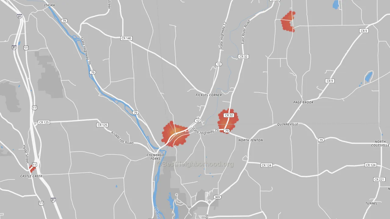Walk Grade map of Chenango Forks, NY, walkable areas in green and car-dependent areas in red