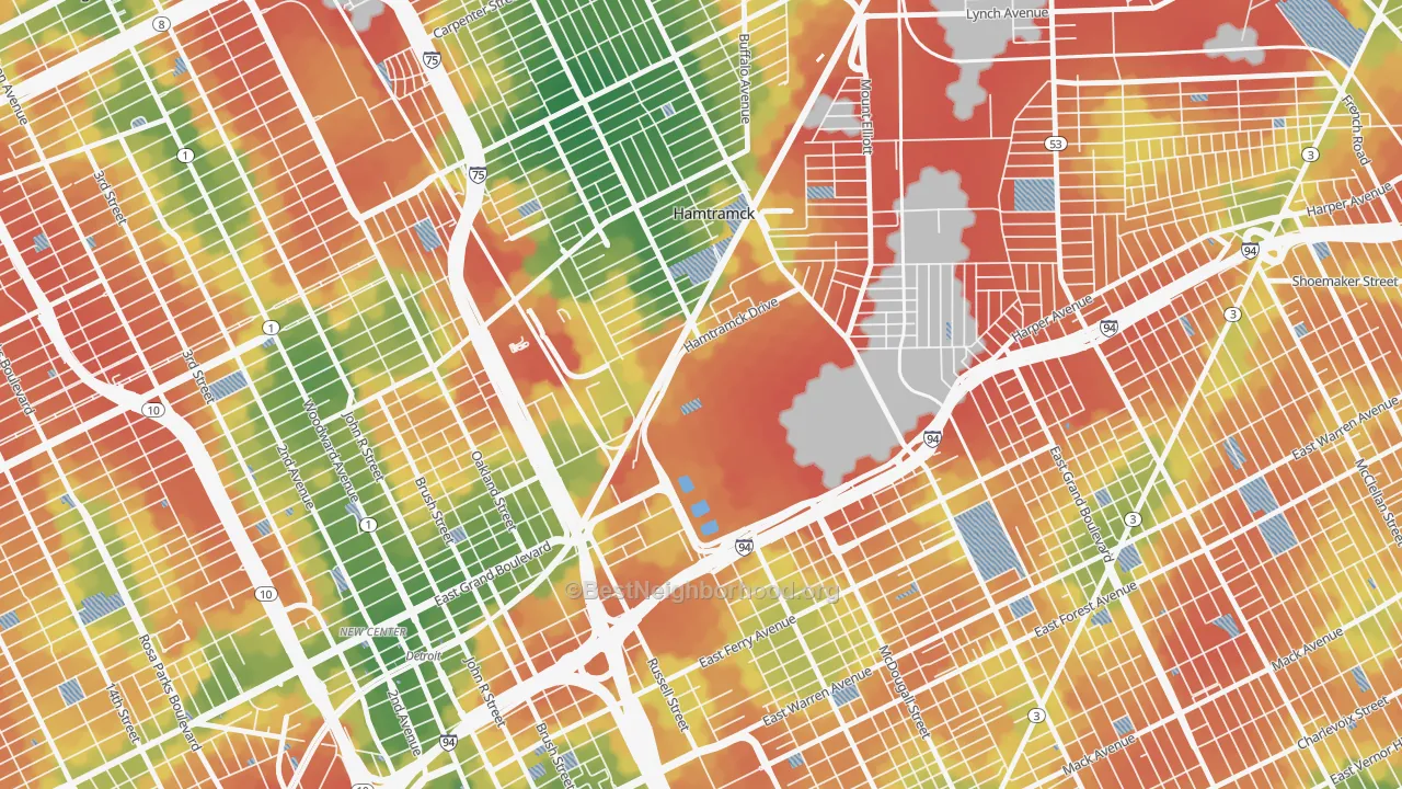 Walk Grade map of Chene, Detroit, MI, walkable areas in green and car-dependent areas in red
