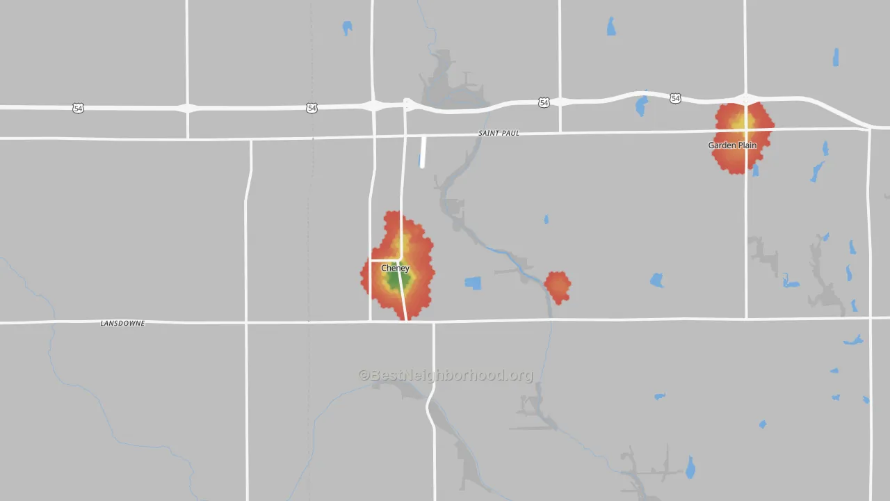 Walk Grade map of Cheney, KS, walkable areas in green and car-dependent areas in red