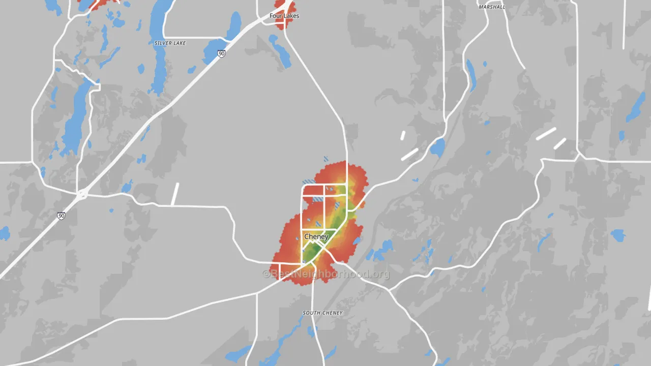 Walk Grade map of Cheney, WA, walkable areas in green and car-dependent areas in red