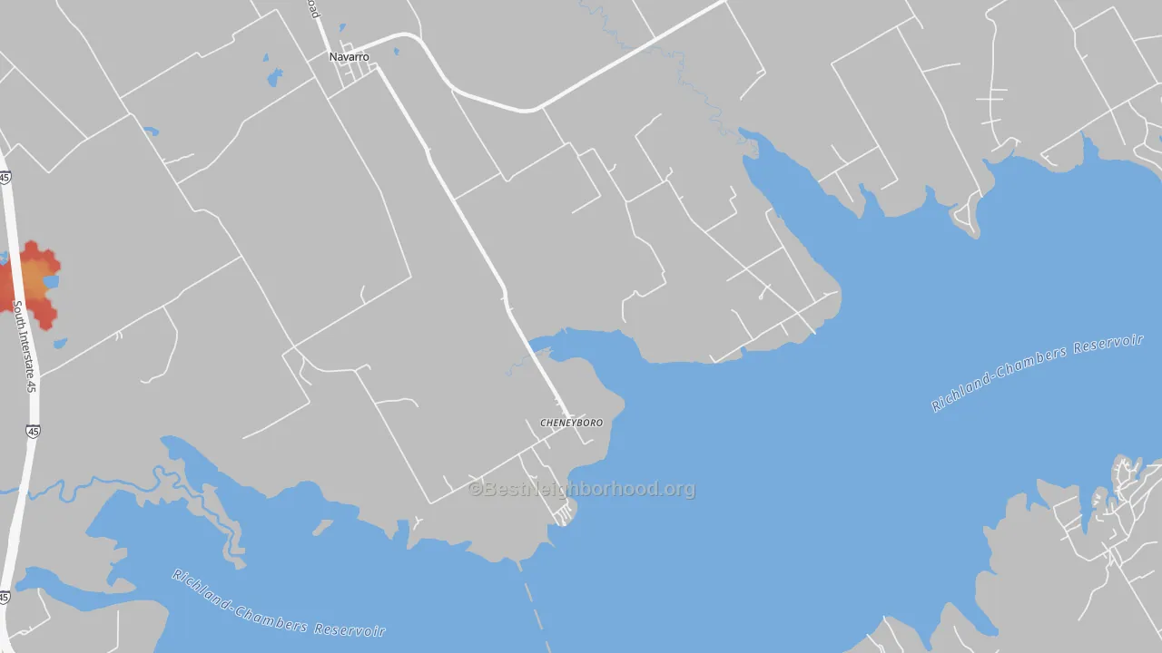 Walk Grade map of Cheneyboro, TX, walkable areas in green and car-dependent areas in red