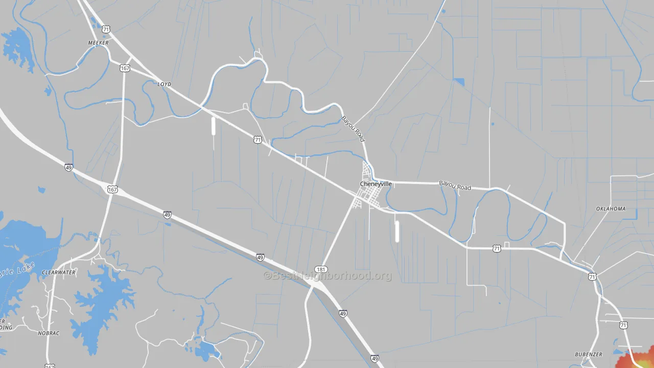 Walk Grade map of Cheneyville, LA, walkable areas in green and car-dependent areas in red