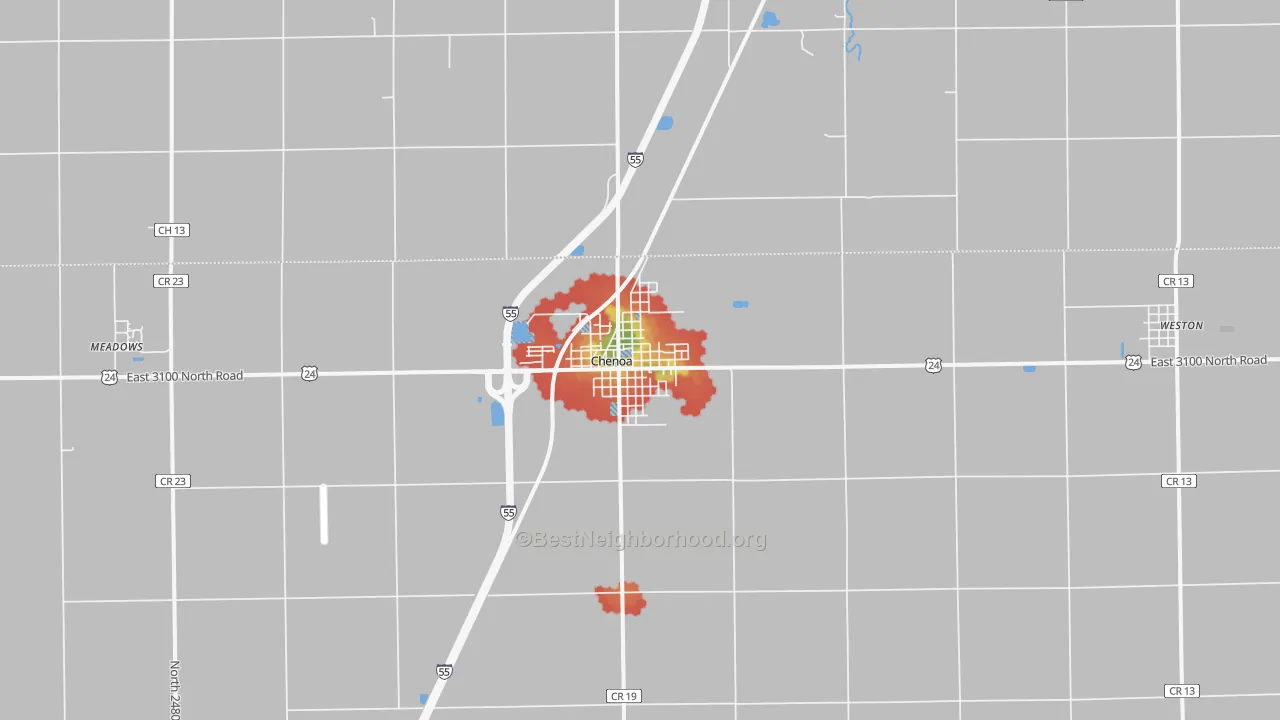 Walk Grade map of Chenoa, IL, walkable areas in green and car-dependent areas in red