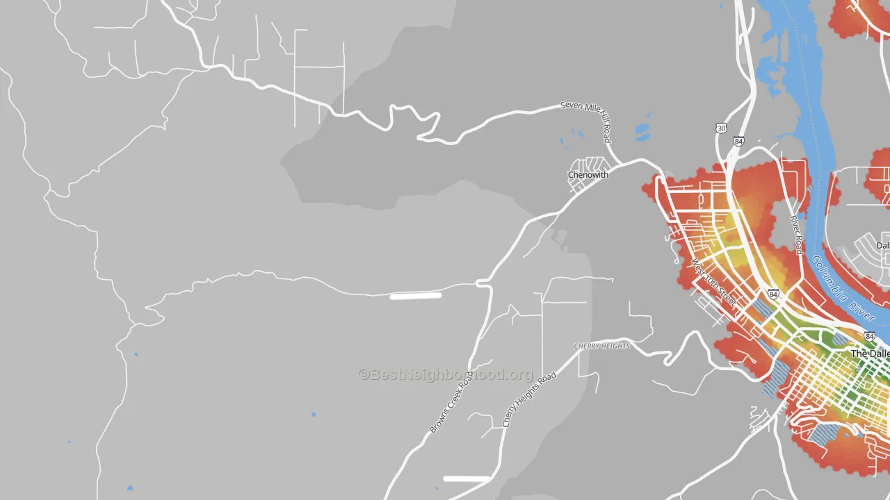 Walk Grade map of Chenoweth, OR, walkable areas in green and car-dependent areas in red