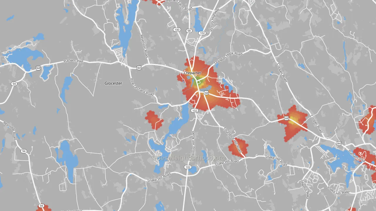 Walk Grade map of Chepachet, RI, walkable areas in green and car-dependent areas in red