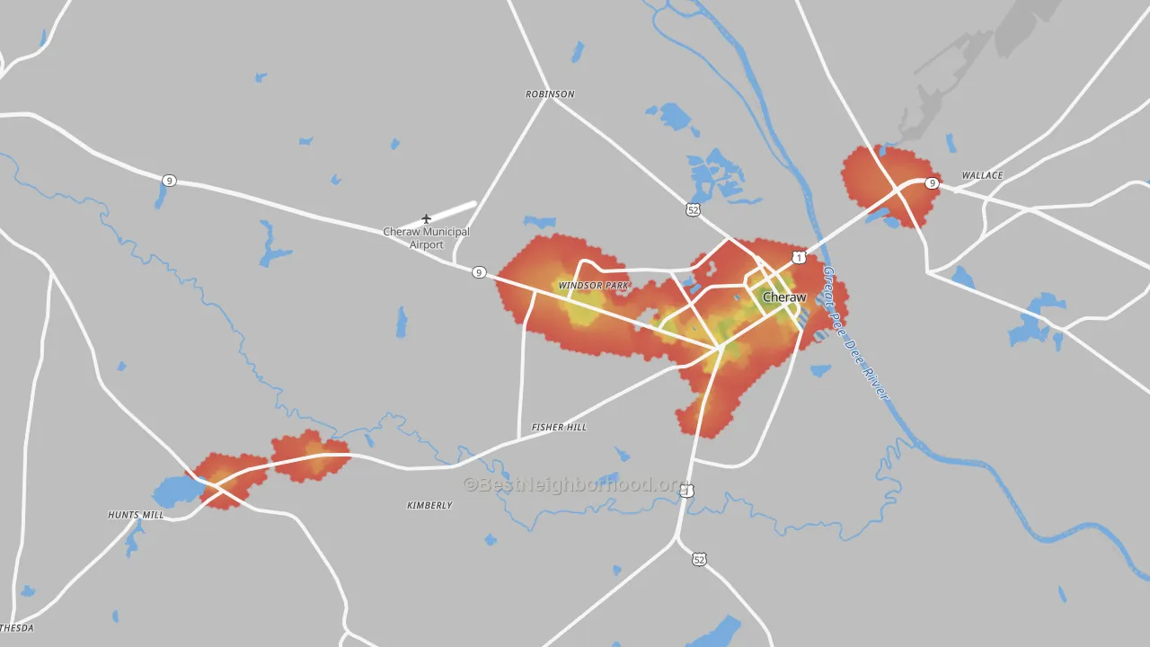 Walk Grade map of Cheraw, SC, walkable areas in green and car-dependent areas in red
