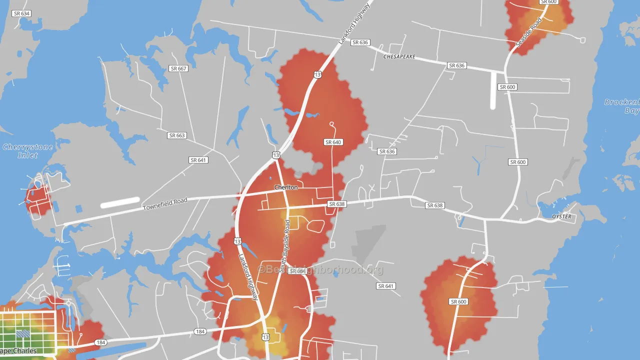 Walk Grade map of Cheriton, VA, walkable areas in green and car-dependent areas in red