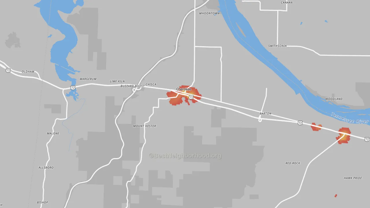 Walk Grade map of Cherokee, AL, walkable areas in green and car-dependent areas in red