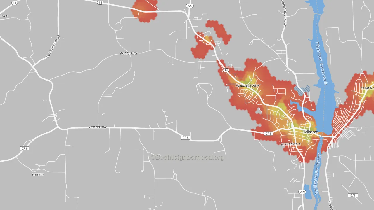 Walk Grade map of Cherokee Bluffs, AL, walkable areas in green and car-dependent areas in red