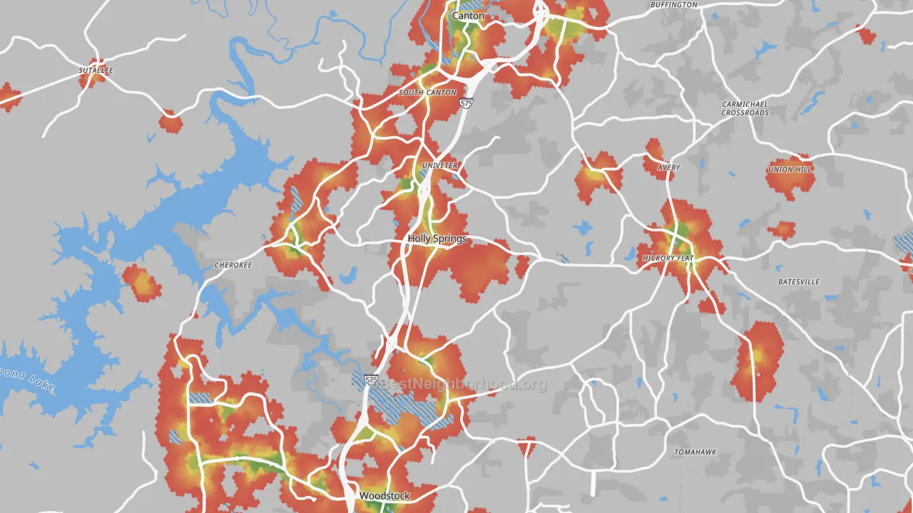 Walk Grade map of Cherokee County, GA, walkable areas in green and car-dependent areas in red