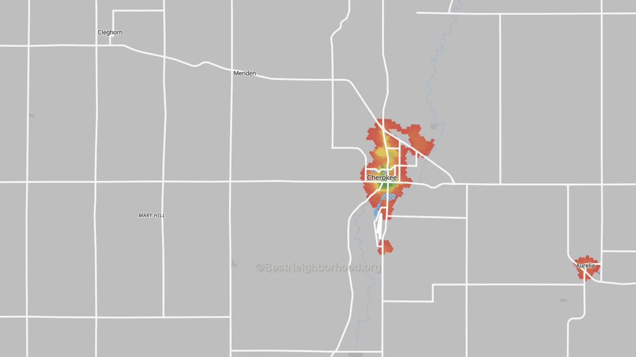 Walk Grade map of Cherokee County, IA, walkable areas in green and car-dependent areas in red