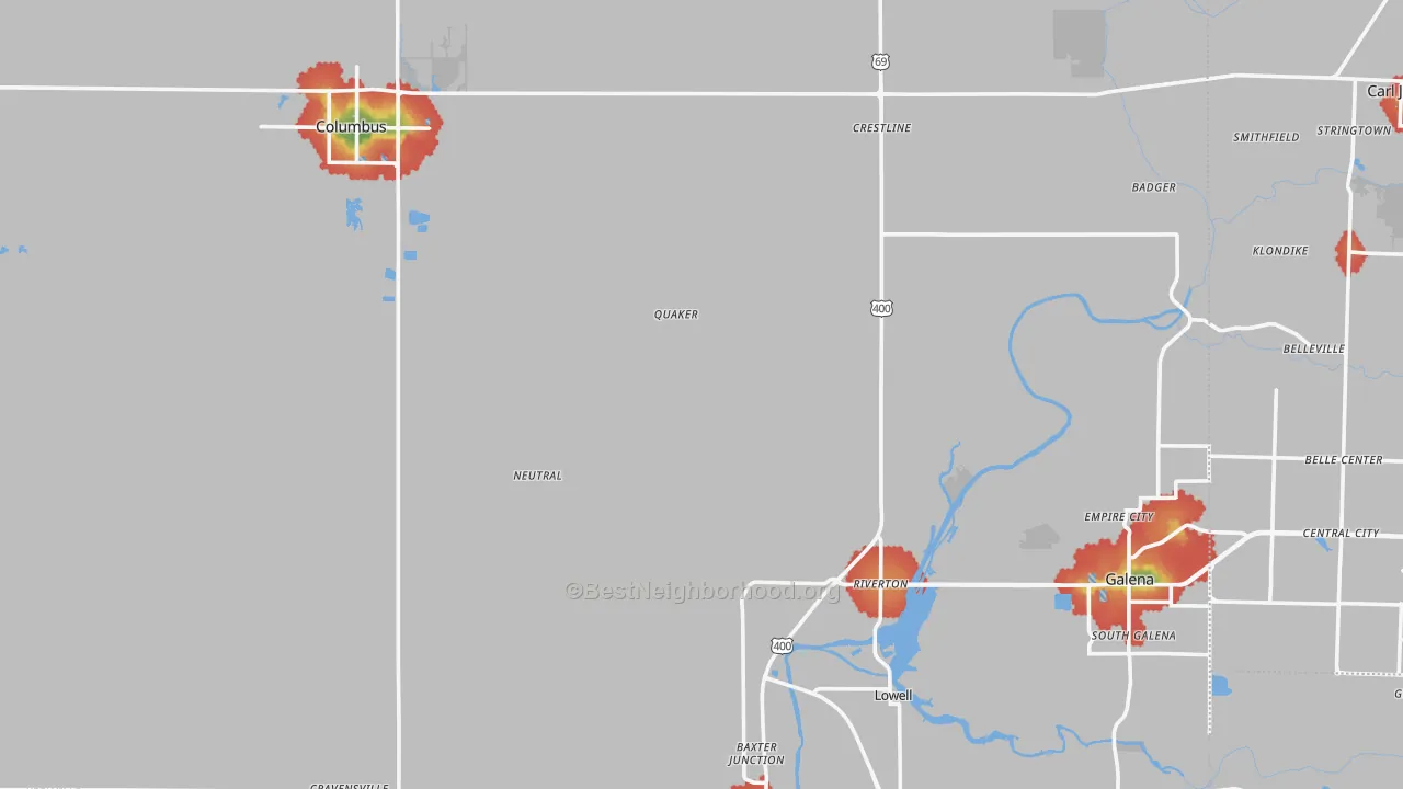 Walk Grade map of Cherokee County, KS, walkable areas in green and car-dependent areas in red