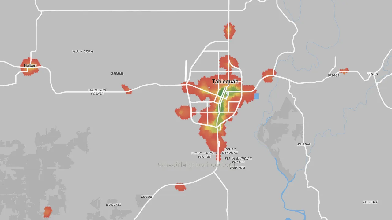 Walk Grade map of Cherokee County, OK, walkable areas in green and car-dependent areas in red
