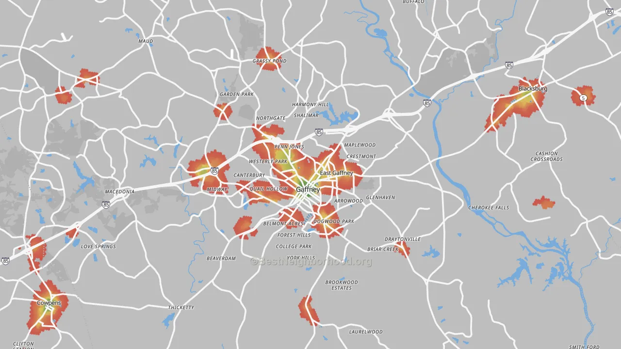 Walk Grade map of Cherokee County, SC, walkable areas in green and car-dependent areas in red