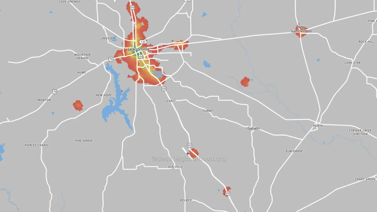 Walk Grade map of Cherokee County, TX, walkable areas in green and car-dependent areas in red