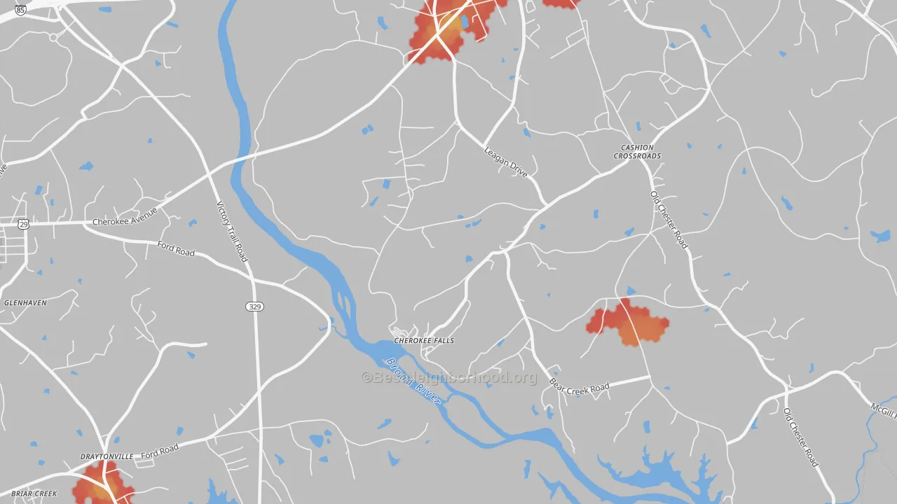 Walk Grade map of Cherokee Falls, SC, walkable areas in green and car-dependent areas in red