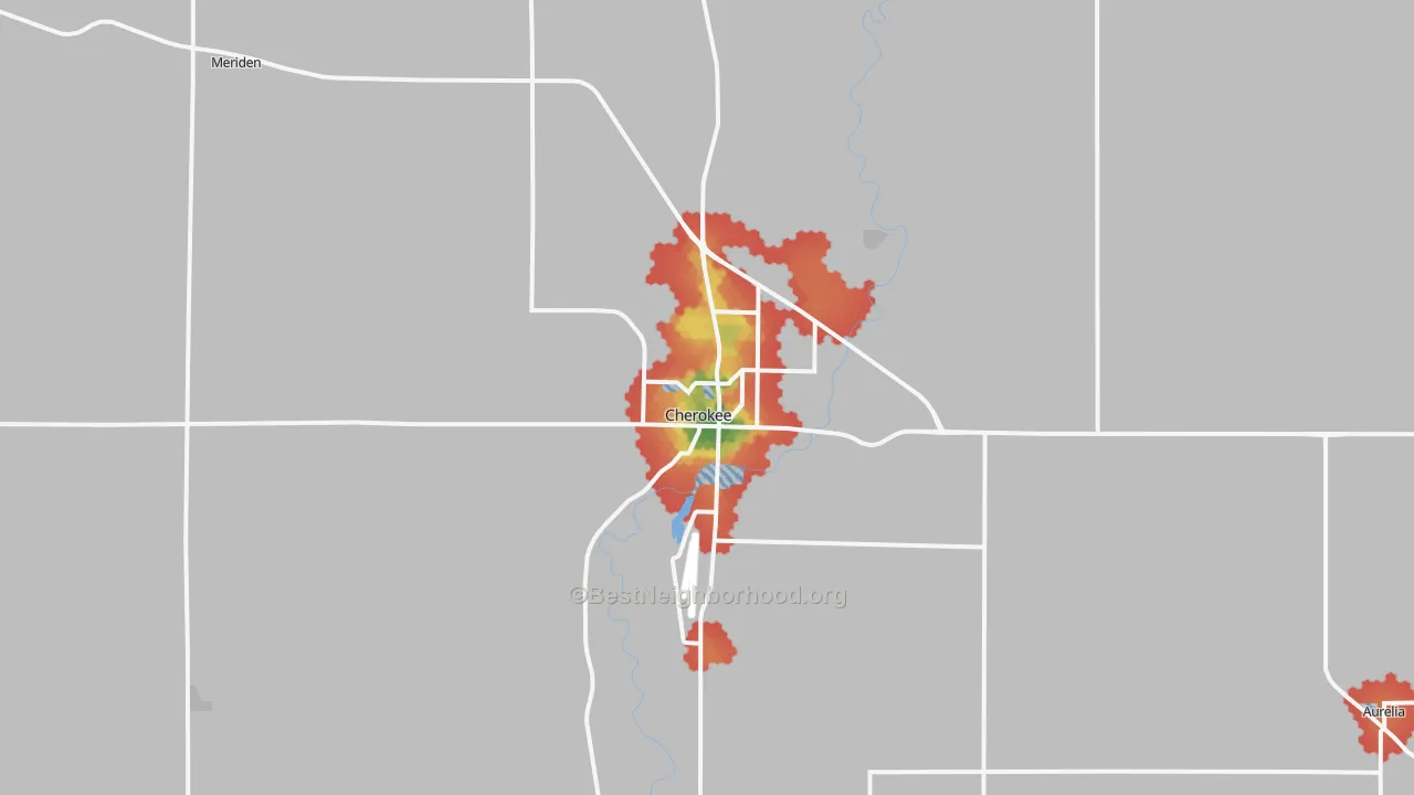 Walk Grade map of Cherokee, IA, walkable areas in green and car-dependent areas in red