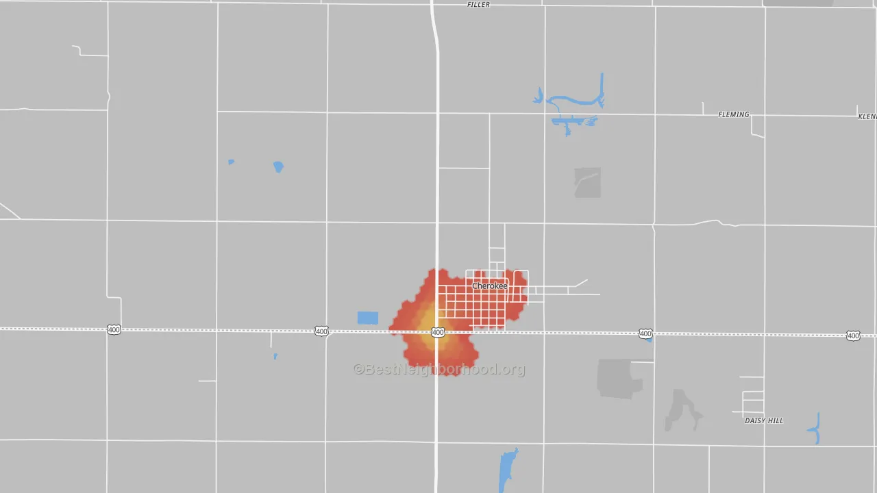 Walk Grade map of Cherokee, KS, walkable areas in green and car-dependent areas in red