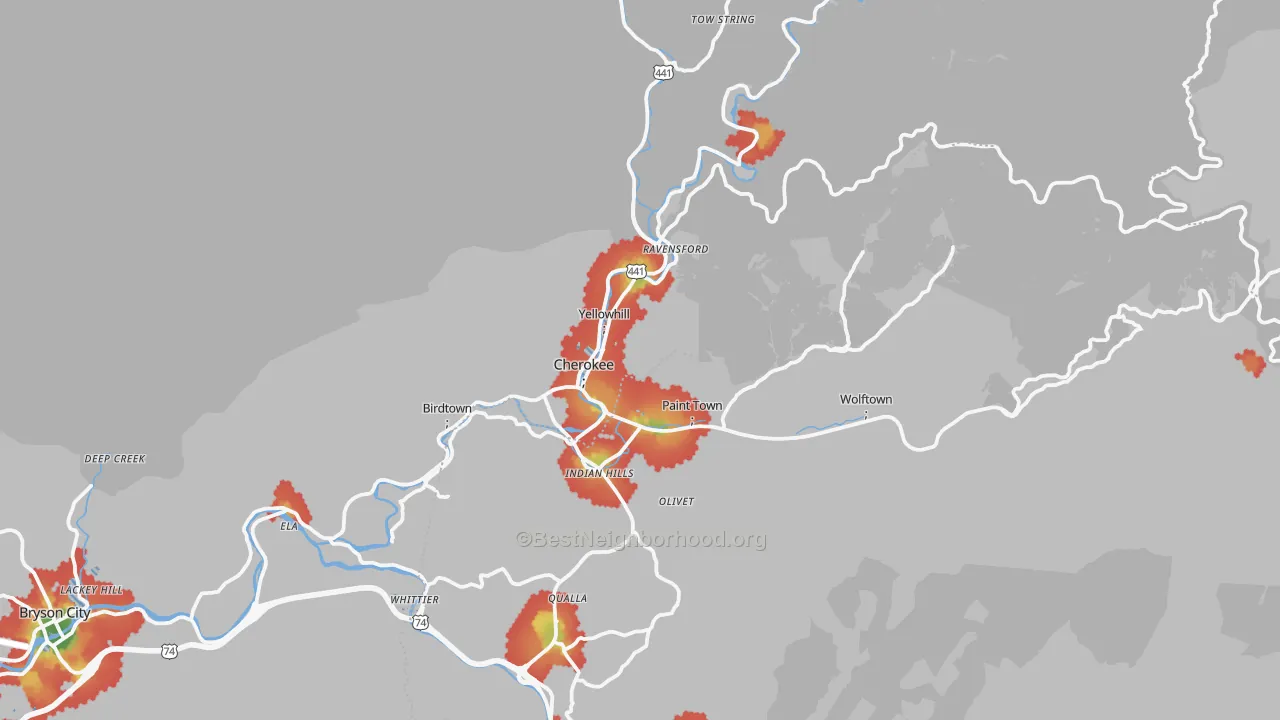 Walk Grade map of Cherokee, NC, walkable areas in green and car-dependent areas in red