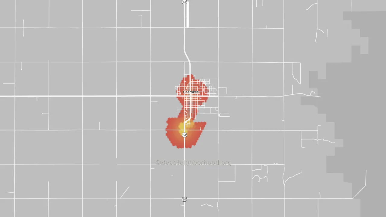 Walk Grade map of Cherokee, OK, walkable areas in green and car-dependent areas in red