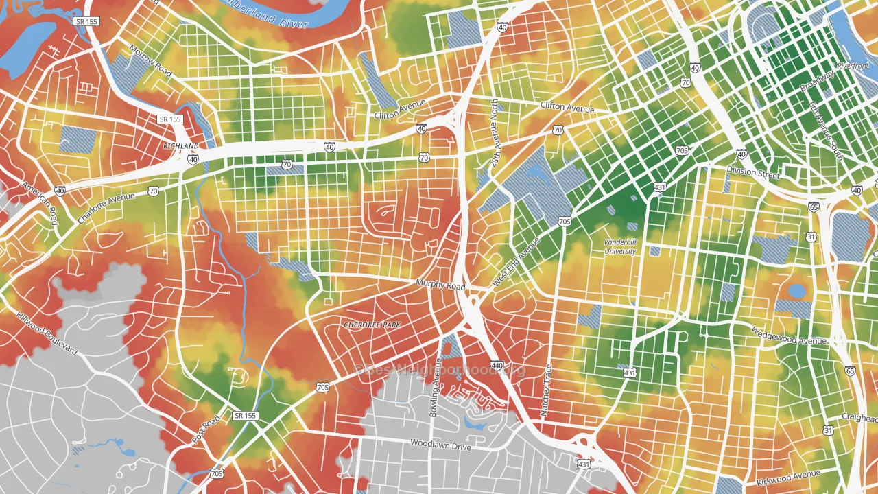 Walk Grade map of Cherokee Park, Nashville, TN, walkable areas in green and car-dependent areas in red