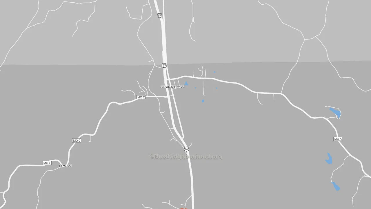 Walk Grade map of Cherokee Pass, MO, walkable areas in green and car-dependent areas in red