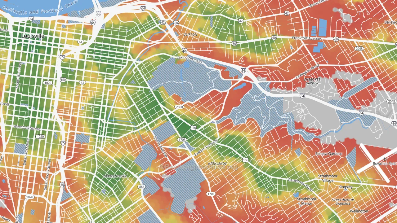 Walk Grade map of Cherokee Triangle, Louisville, KY, walkable areas in green and car-dependent areas in red
