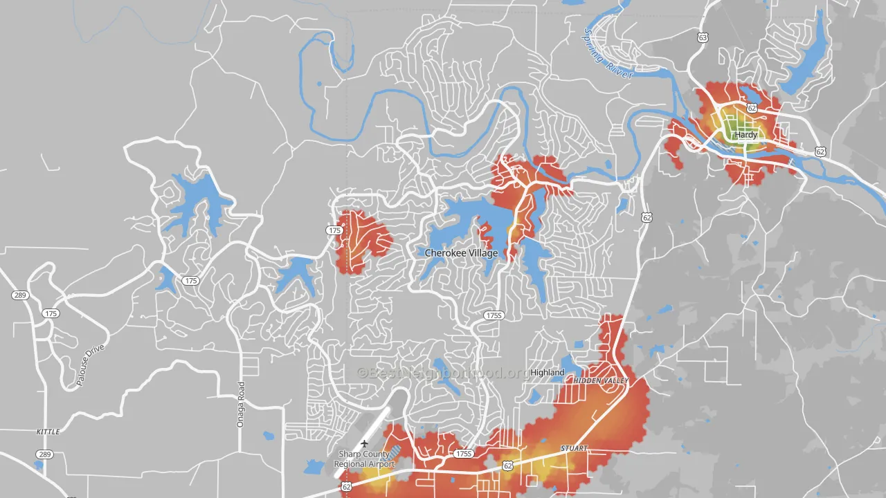 Walk Grade map of Cherokee Village, AR, walkable areas in green and car-dependent areas in red