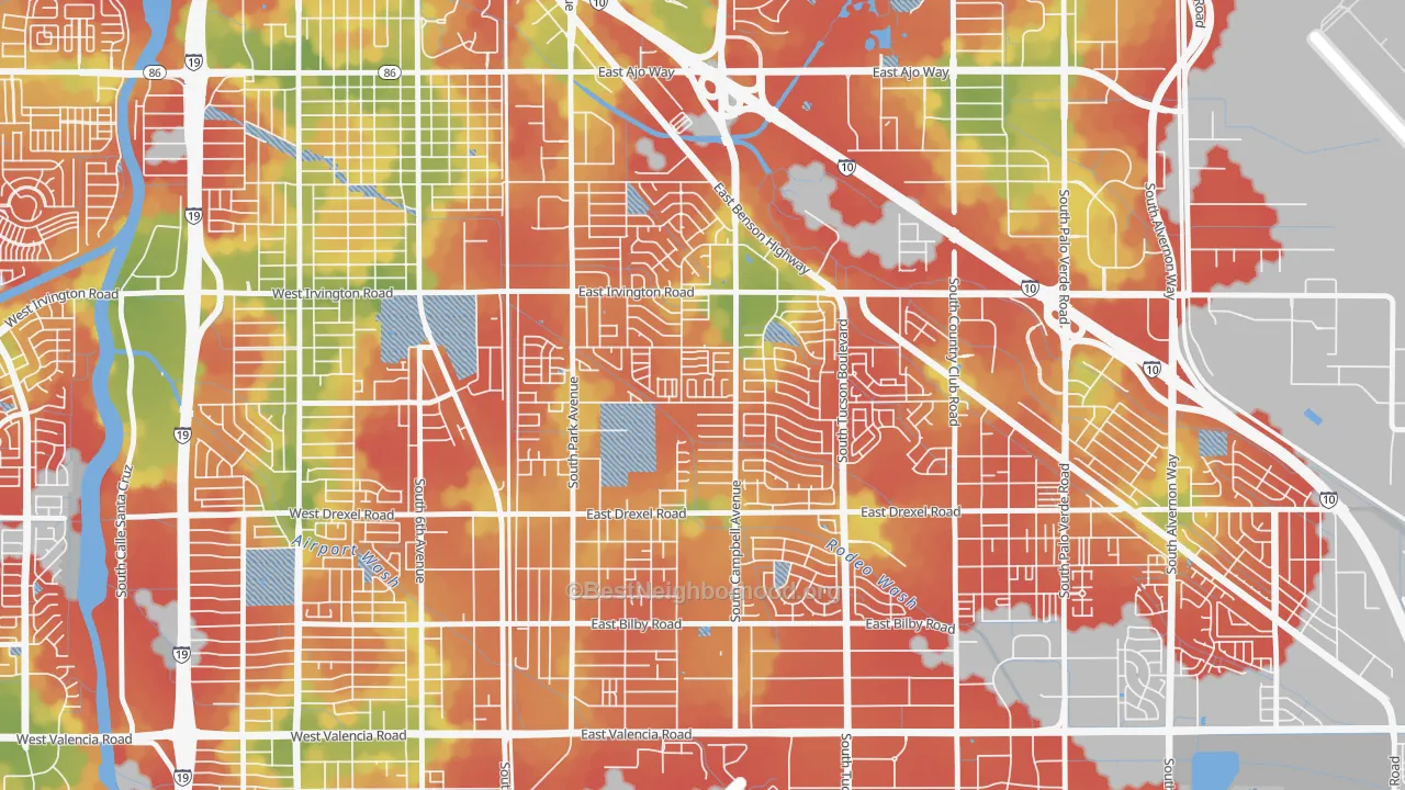Walk Grade map of Cherry Avenue, Tucson, AZ, walkable areas in green and car-dependent areas in red