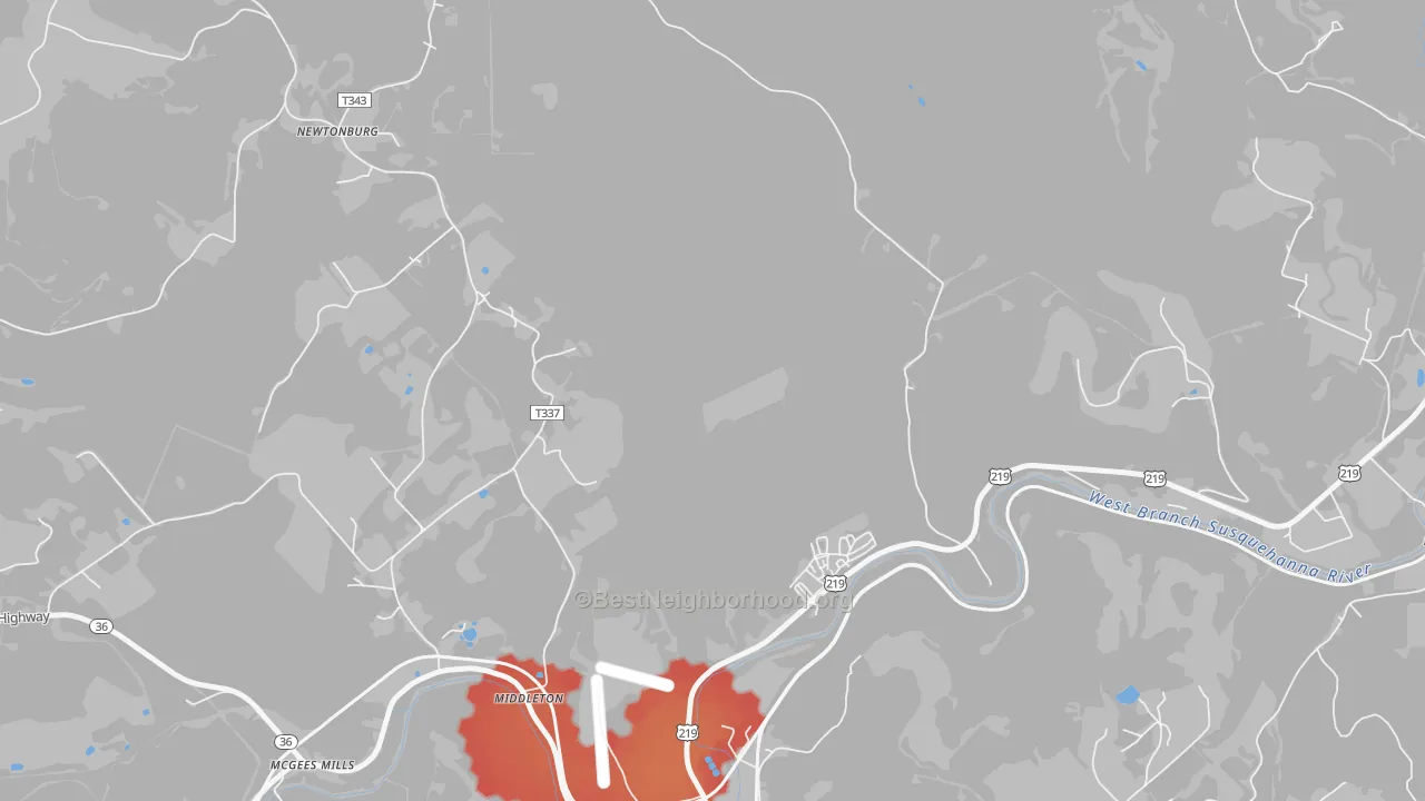 Walk Grade map of Cherry Corner, PA, walkable areas in green and car-dependent areas in red