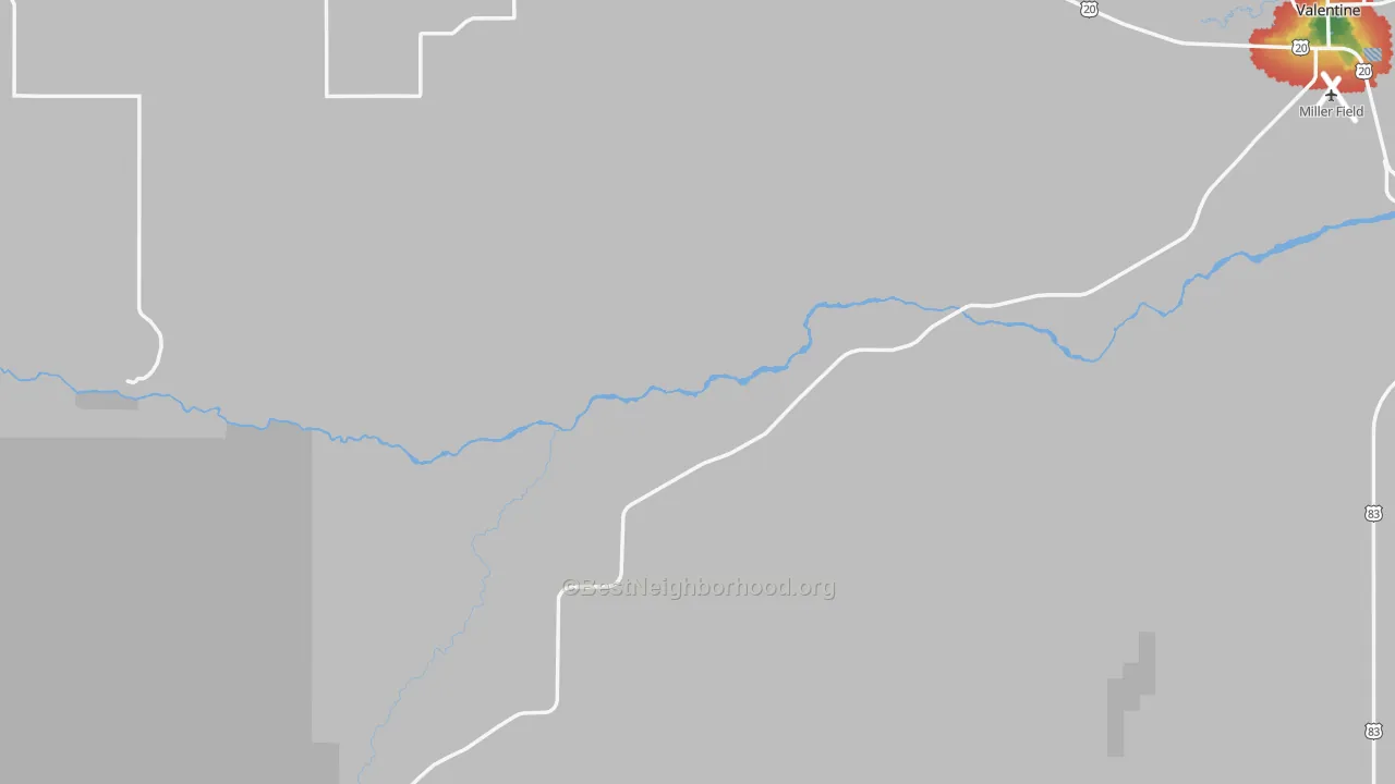 Walk Grade map of Cherry County, NE, walkable areas in green and car-dependent areas in red